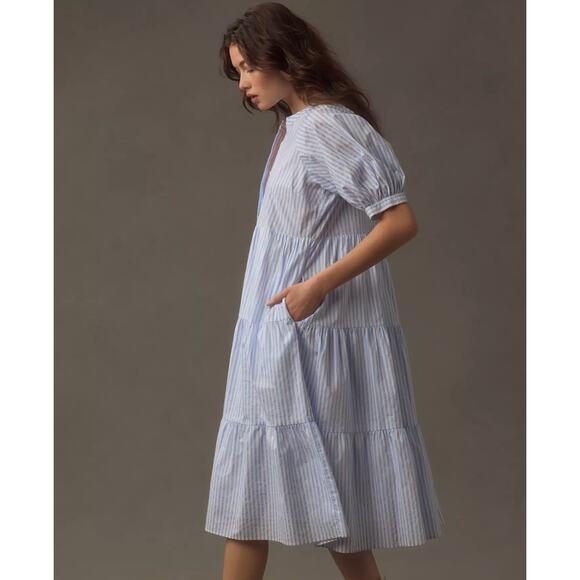 English Factory Puff-Sleeve Tiered blue stripe Midi Dress - Picture 8 of 8
